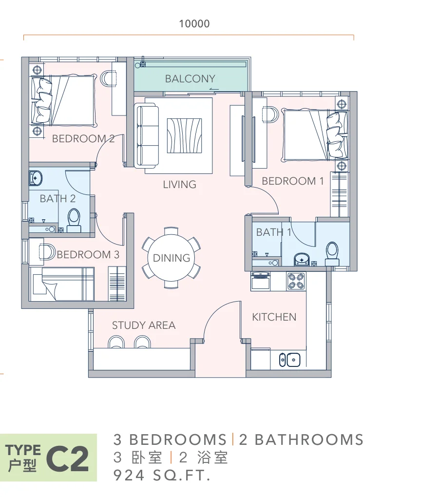 Mandolin Residences Type C2 floor plan, 3 bedroom 2 bathroom, 924 sqft