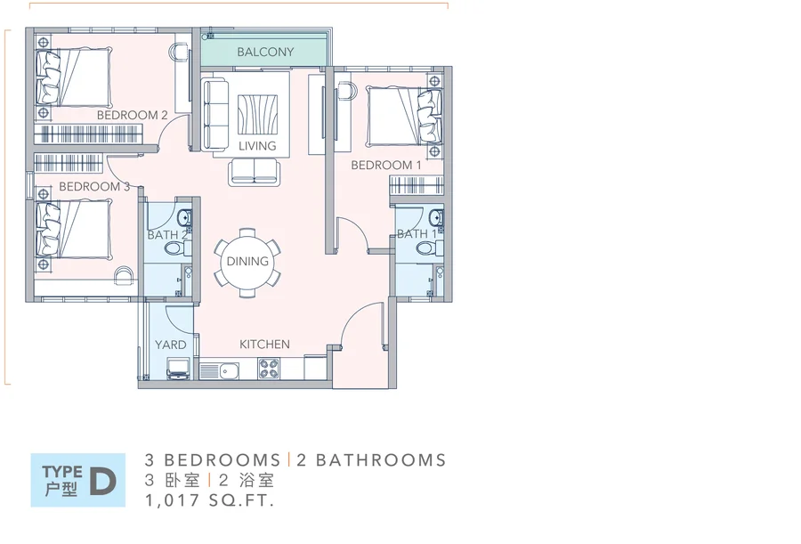 Mandolin Residences Type D floor plan, 3 bedroom 2 bathroom, 1017 sqft